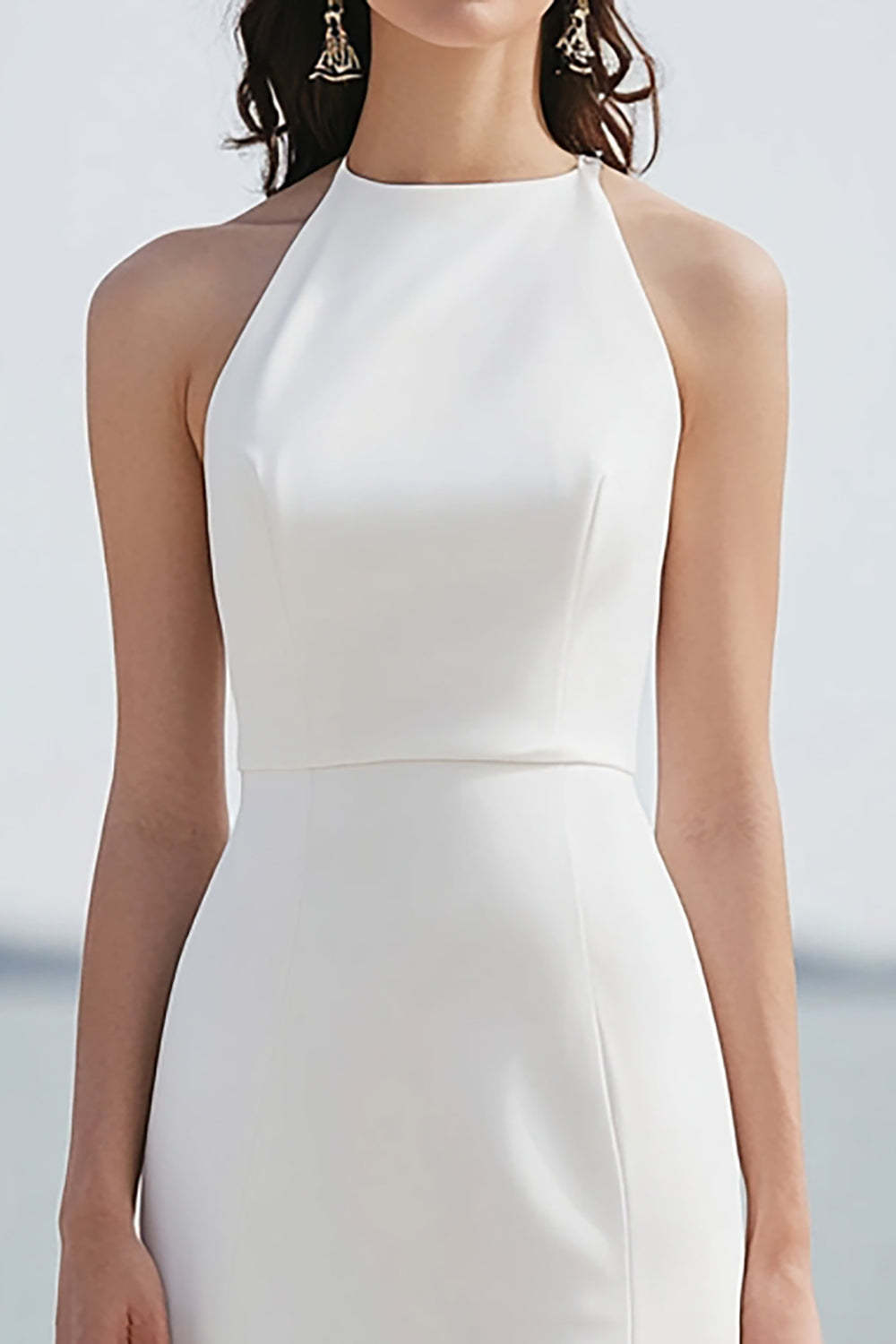 Satin Halter Sheath Ivory Maxi Rehearsal Dinner Dress with Slit
