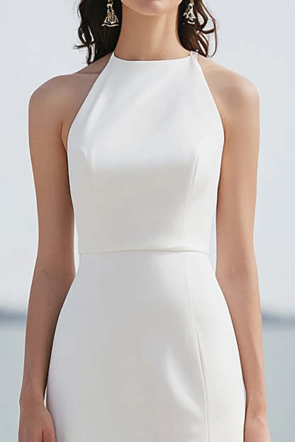Satin Halter Sheath Ivory Maxi Rehearsal Dinner Dress with Slit
