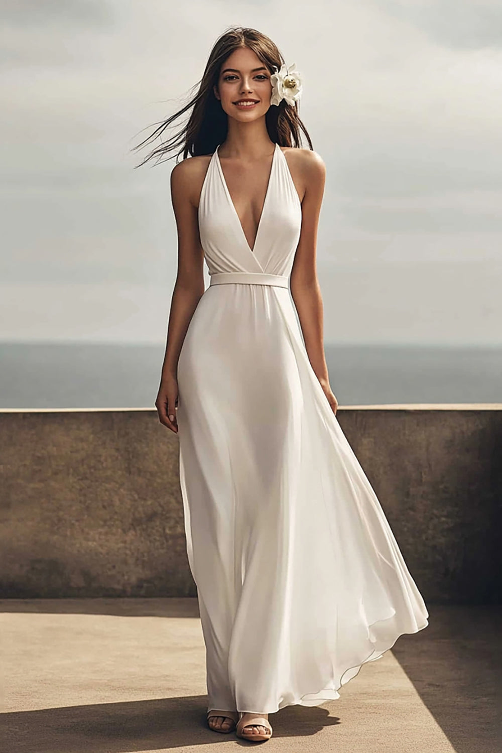 Chiffon A Line Halter Ivory Maxi Rehearsal Dinner Dress