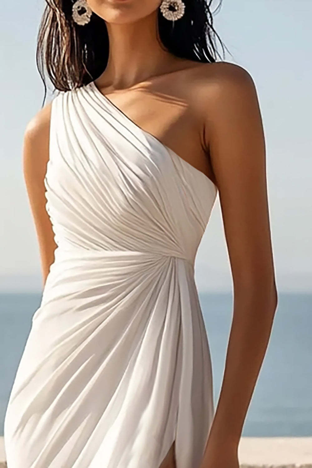 Chiffon One Shoulder Ruched Ivory Maxi Rehearsal Dinner Dress with Slit