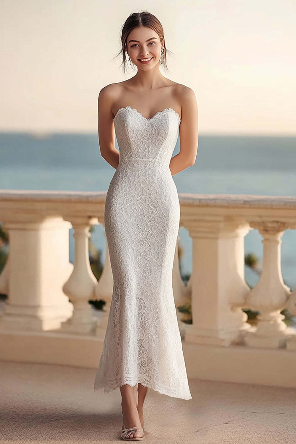 Leely Women Ivory Sweetheart Maxi Rehearsal Dinner Dress Mermaid Lace Engagement Dress