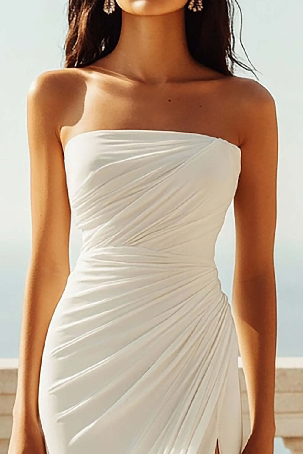 Strapless Ivory Mermaid Chiffon Ruched Maxi Engagement Dress