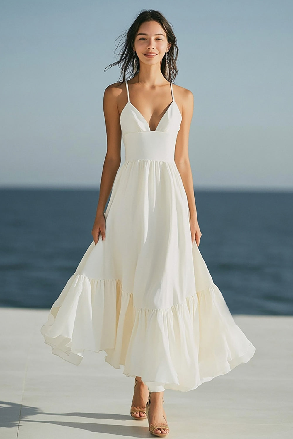 Simple Spaghetti Straps Ivory Beach Maxi Engagement Dress