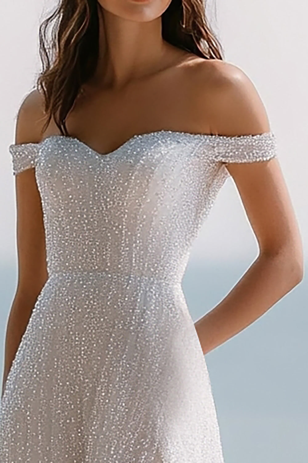 Sparkly Ivory A Line Sequin Maxi Wedding Reception Dress with Slit