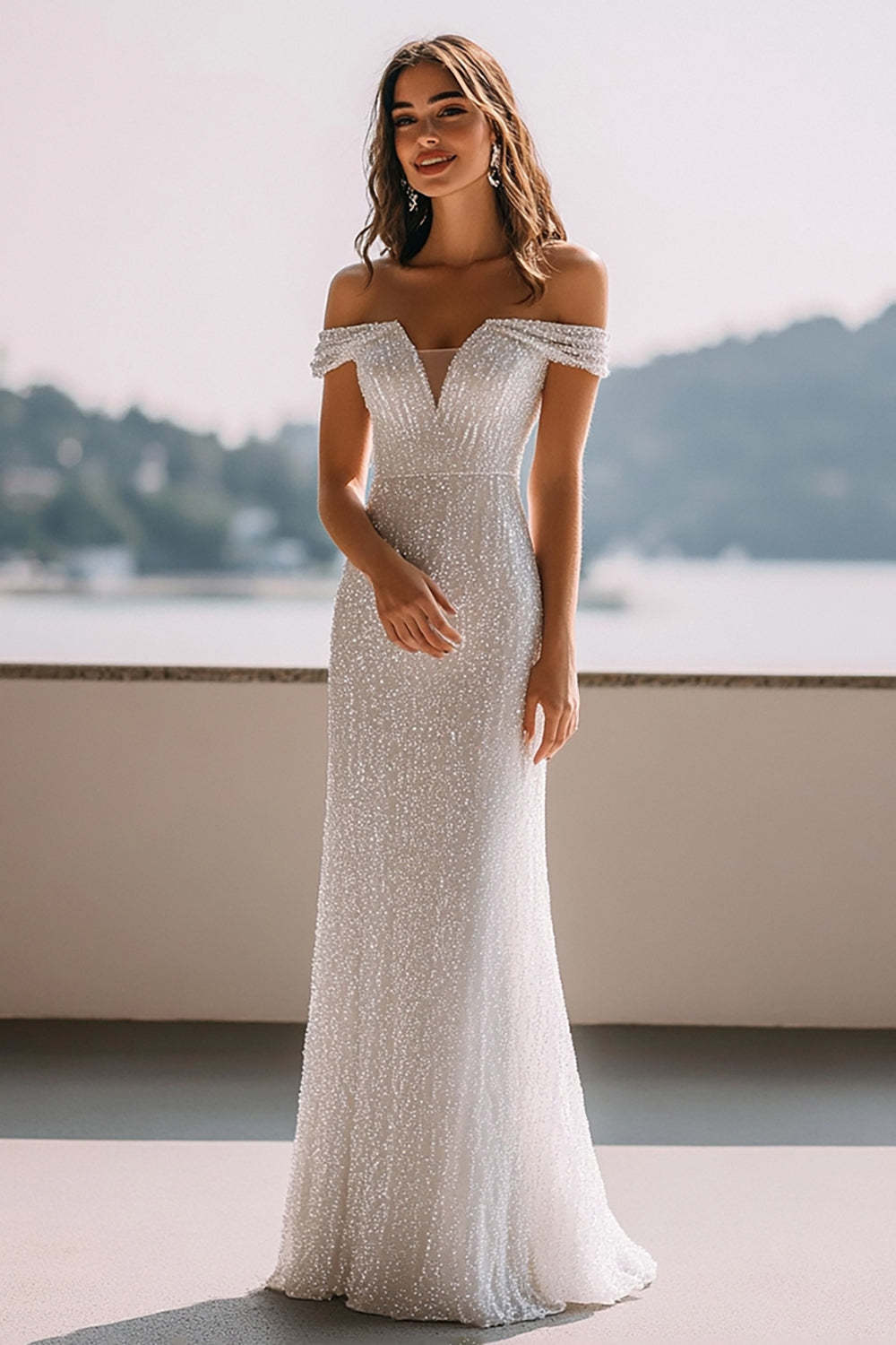 Leely Women Sparkly Ivory Sequin Maxi Rehearsal Dinner Dress Off the Shoulder Mermaid Engagement Dress