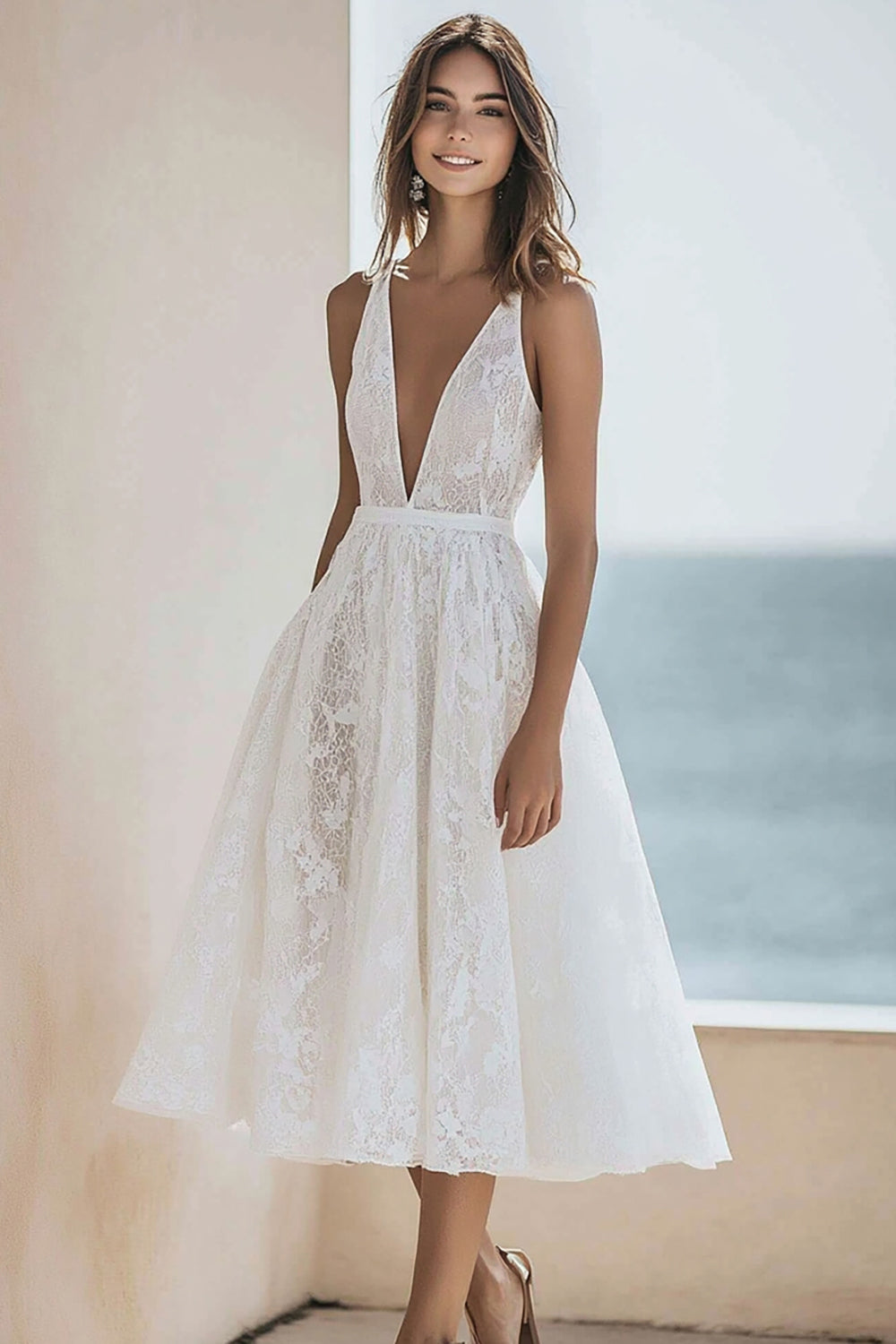Lace Maxi Deep V-Neck A Line Ivory Engagement Dress