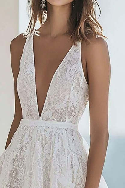Lace Maxi Deep V-Neck A Line Ivory Engagement Dress