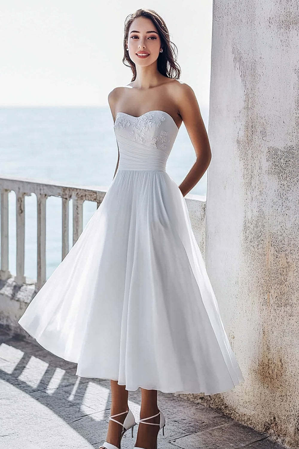 Leely Women Ivory Sweetheart Maxi Engagement Dress with Appliques A Line Chiffon Wedding Reception Dress