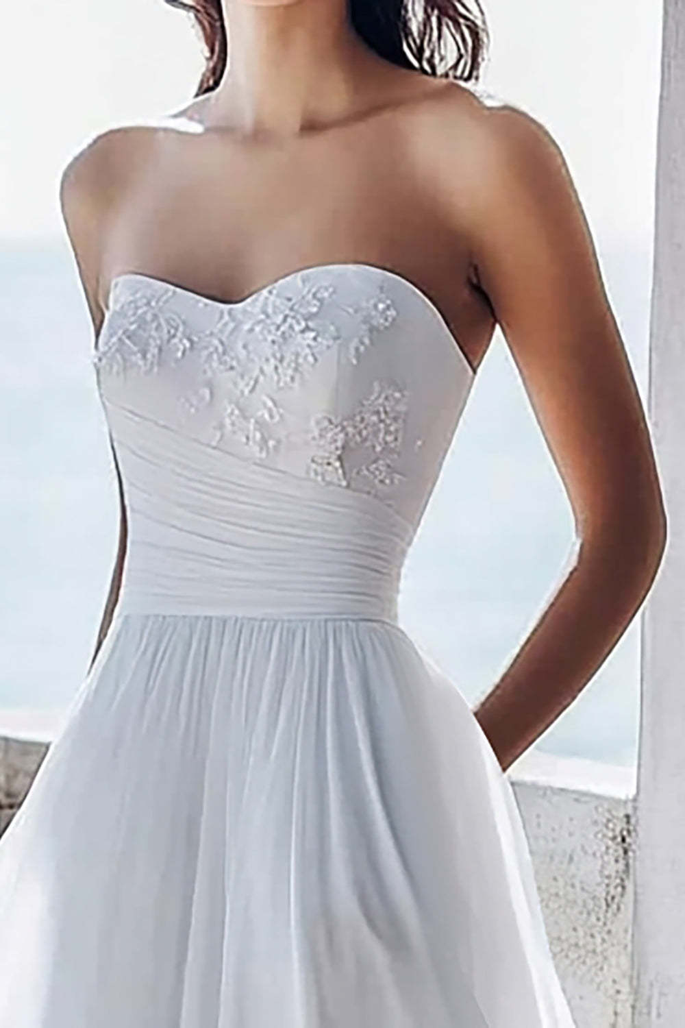Chiffon Ivory A Line Sweetheart Maxi Engagement Dress with Appliques