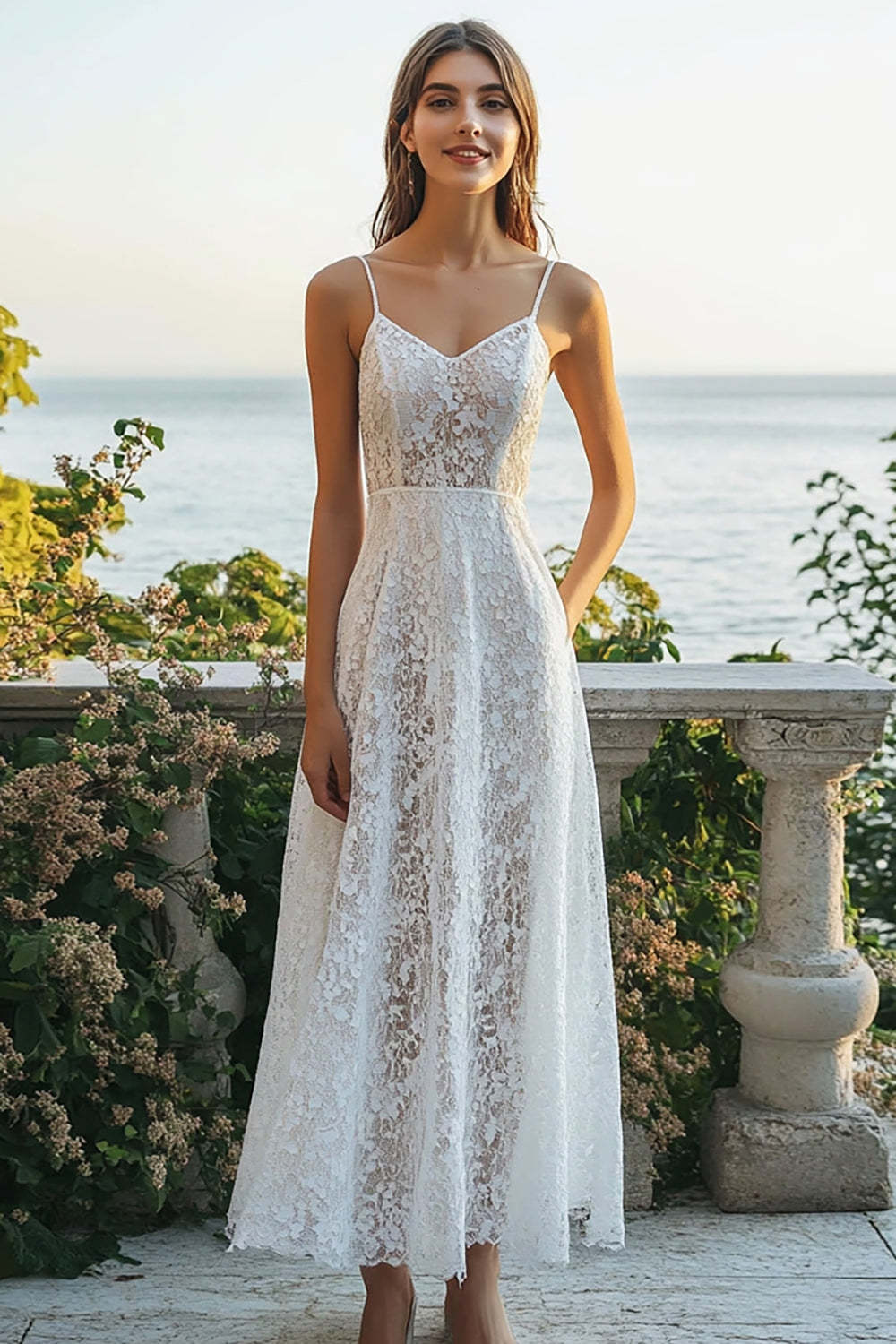 Leely Women Ivory Lace Beach Maxi Engagement Dress Spaghetti Straps A Line Wedding Reception Dress