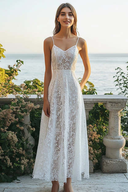 Leely Women Ivory Lace Beach Maxi Engagement Dress Spaghetti Straps A Line Wedding Reception Dress
