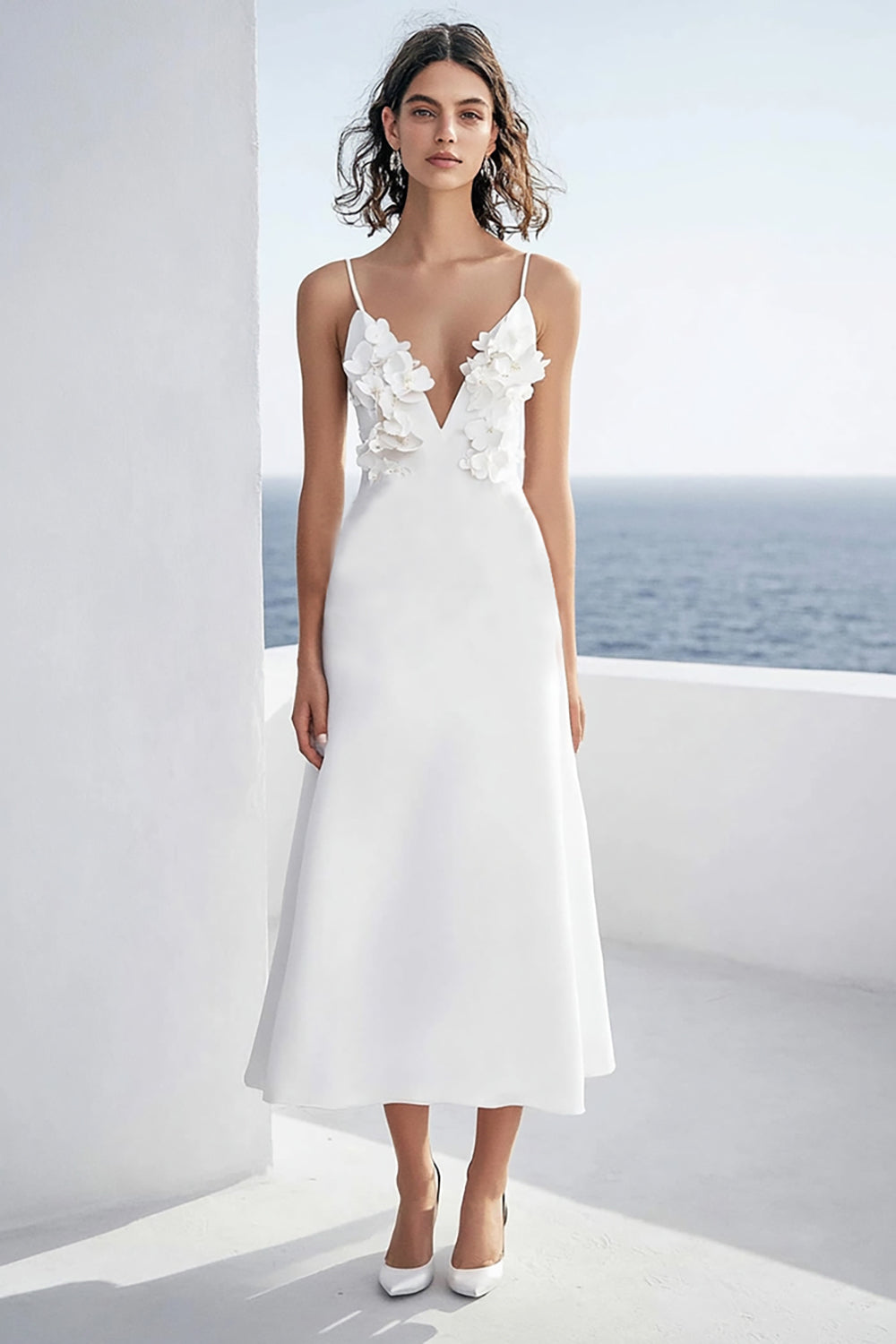 Leely Women Ivory Floral Satin Rehearsal Dinner Dress Sheath Deep V-Neck Maxi Wedding Reception Dress