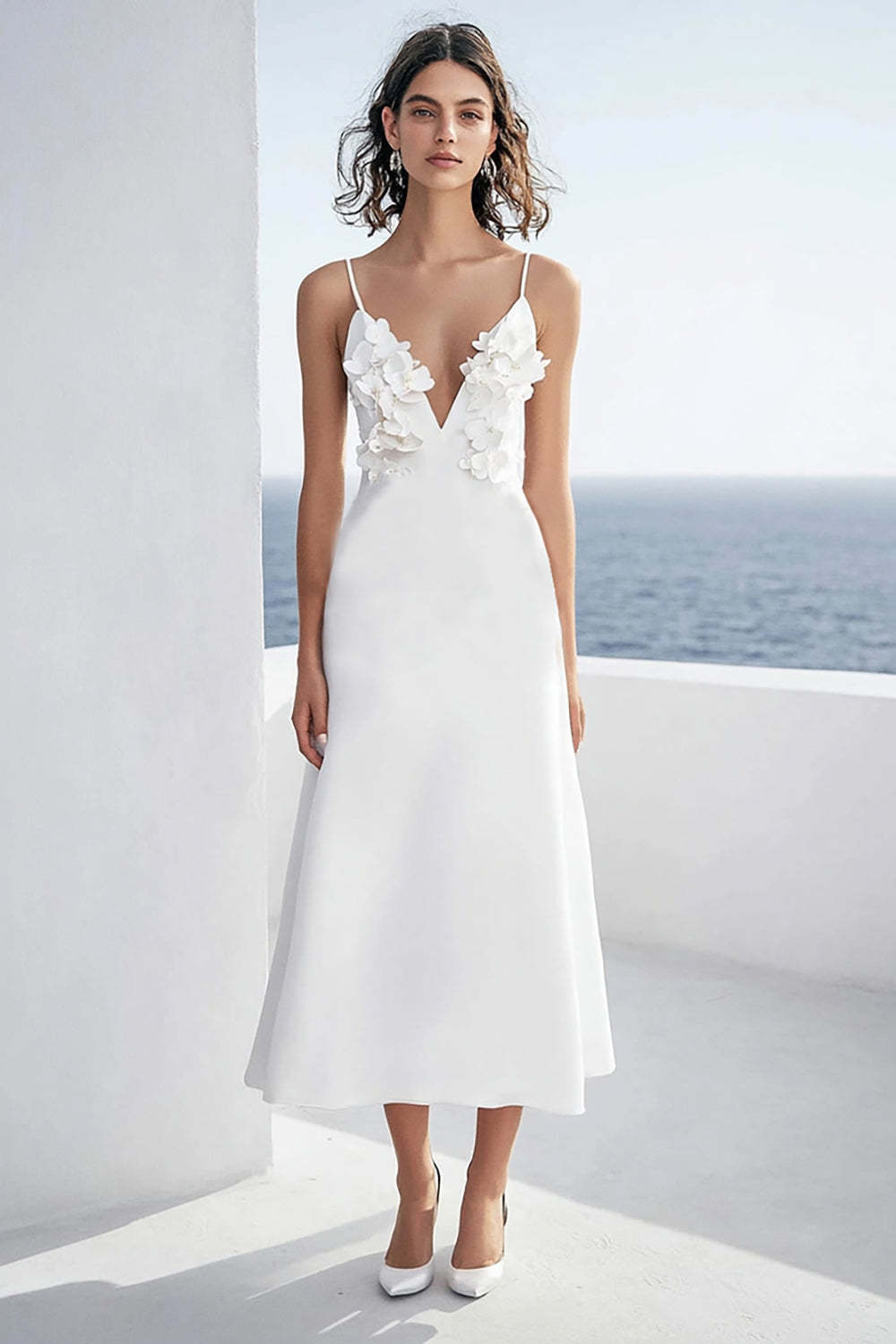 Leely Women Ivory Floral Satin Rehearsal Dinner Dress Sheath Deep V-Neck Maxi Wedding Reception Dress