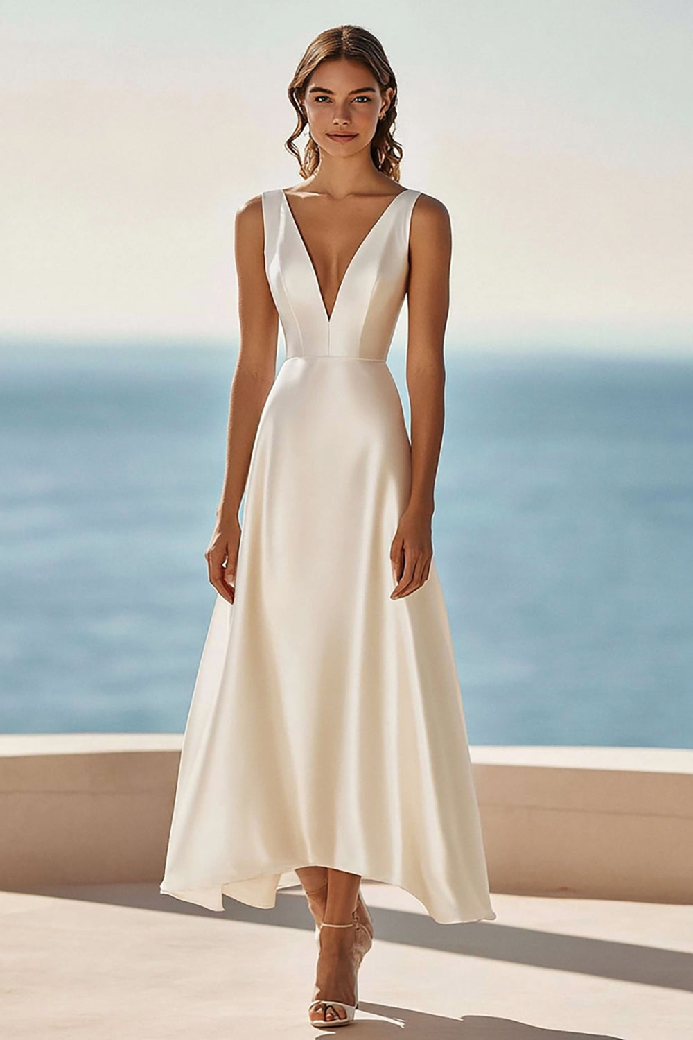 Simple Ivory A Line Satin Maxi Rehearsal Dinner Dress