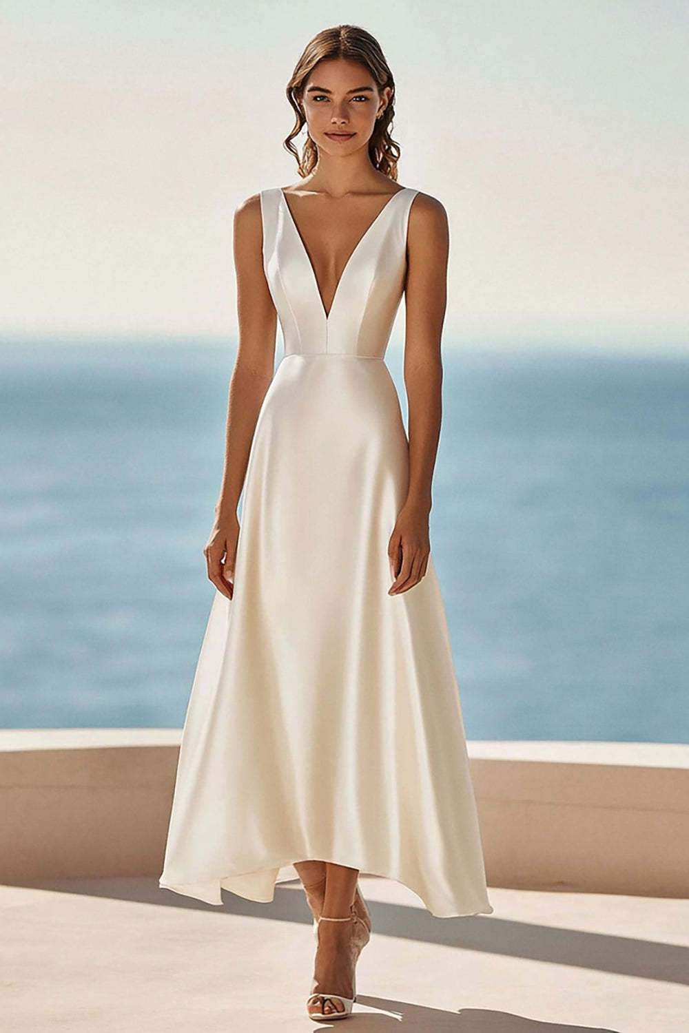 Leely Women Ivory Simple Satin Maxi Rehearsal Dinner Dress Deep V-Neck A Line Wedding Reception Dress