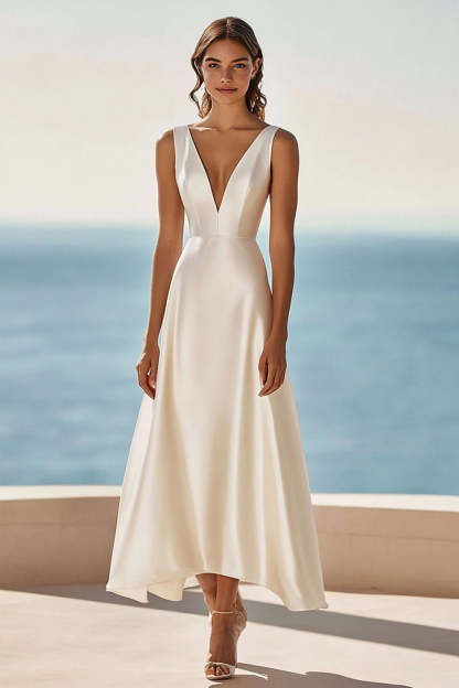 Leely Women Ivory Simple Satin Maxi Rehearsal Dinner Dress Deep V-Neck A Line Wedding Reception Dress
