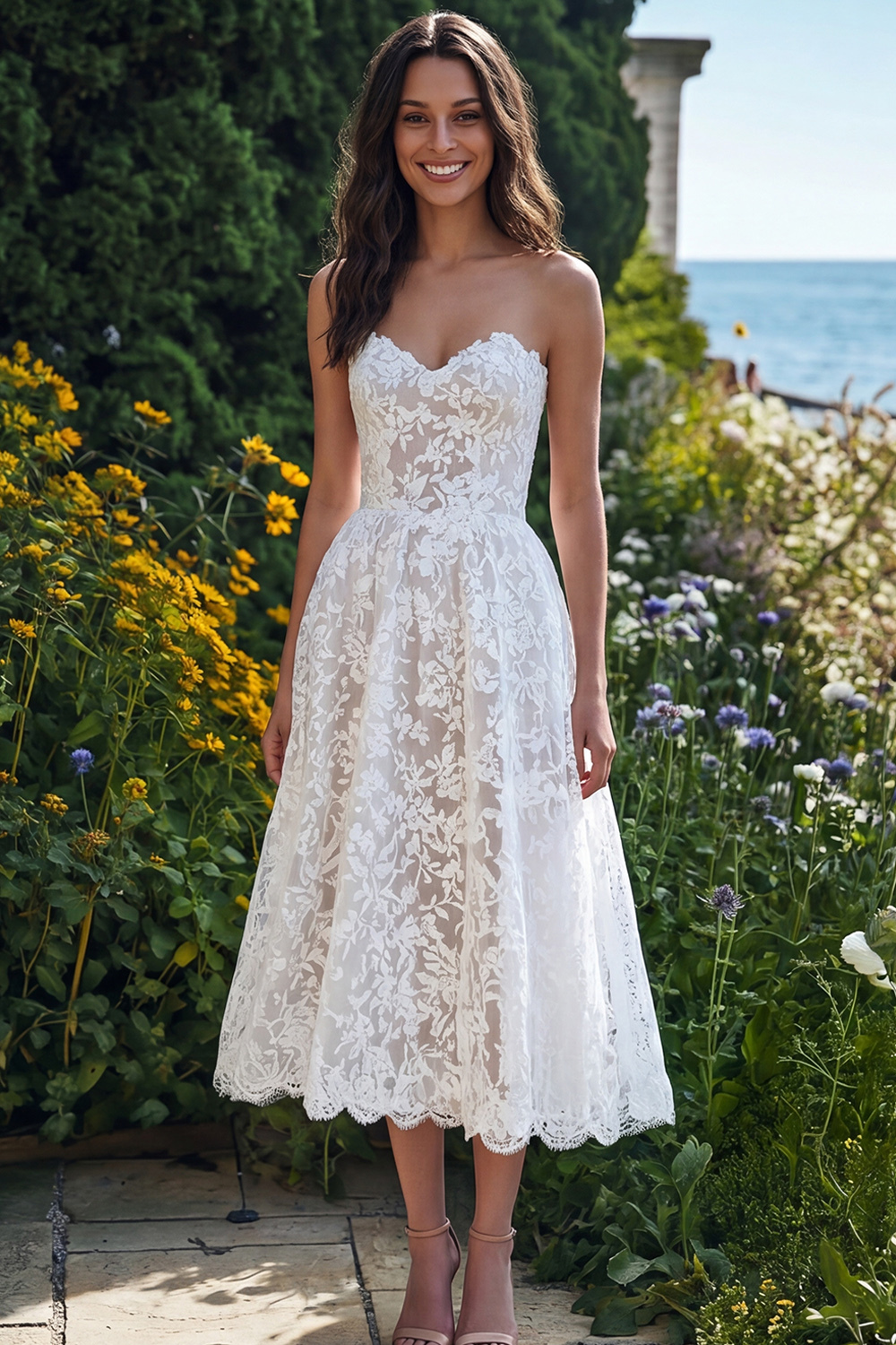 Leely Women Ivory Beach Lace Maxi Engagement Dress A Line Sweetheart Wedding Reception Dress