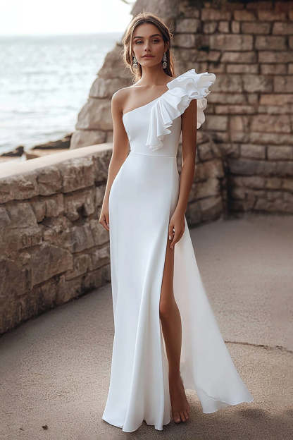 Leely Women Ivory Ruffled Maxi Rehearsal Dinner Dress with Slit One Shoulder Sheath Satin Wedding Reception Dress