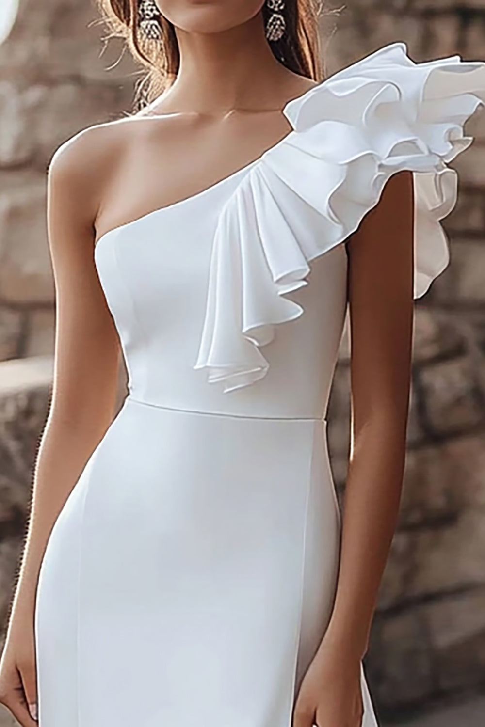 Ivory One Shoulder Ruffled Maxi Satin Rehearsal Dinner Dress with Slit
