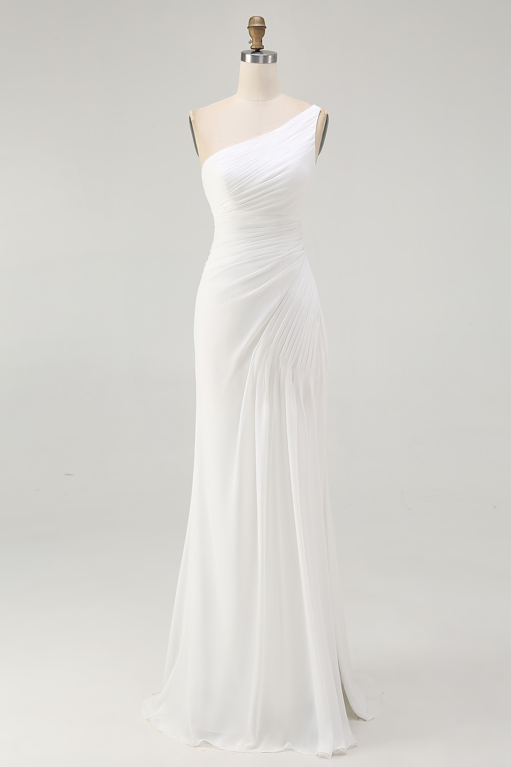 Ivory One Shoulder Ruched Maxi Chiffon Rehearsal Dinner Dress with Slit