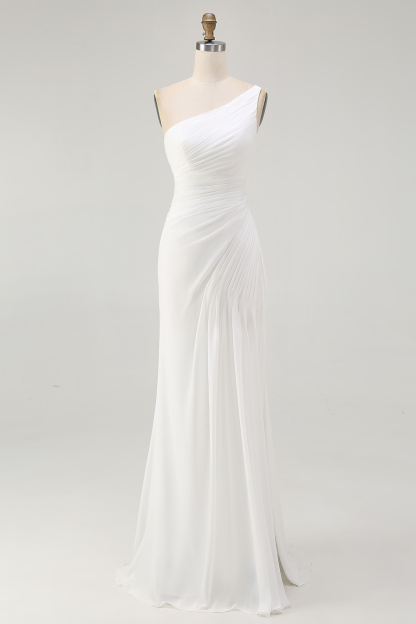 Ivory One Shoulder Ruched Maxi Chiffon Rehearsal Dinner Dress with Slit