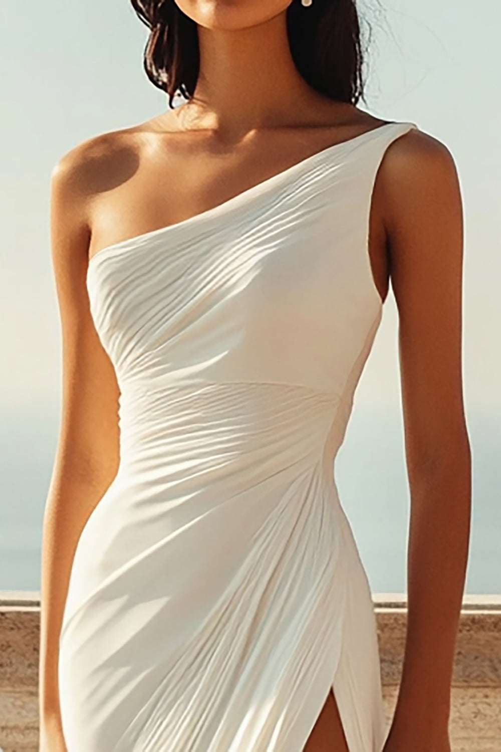 Ivory One Shoulder Ruched Maxi Chiffon Rehearsal Dinner Dress with Slit