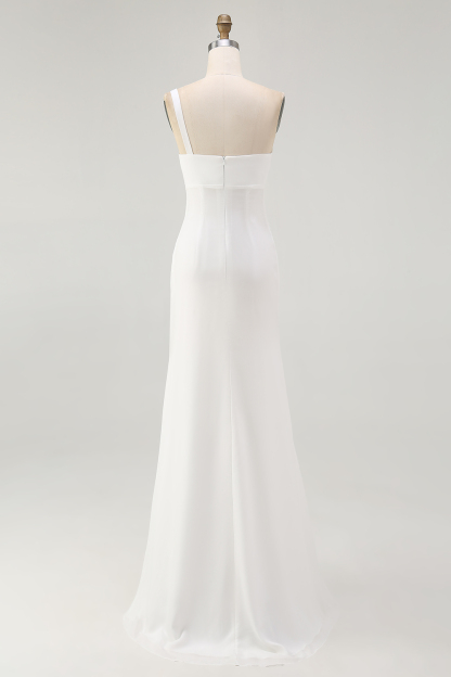 Ivory One Shoulder Ruched Maxi Chiffon Rehearsal Dinner Dress with Slit