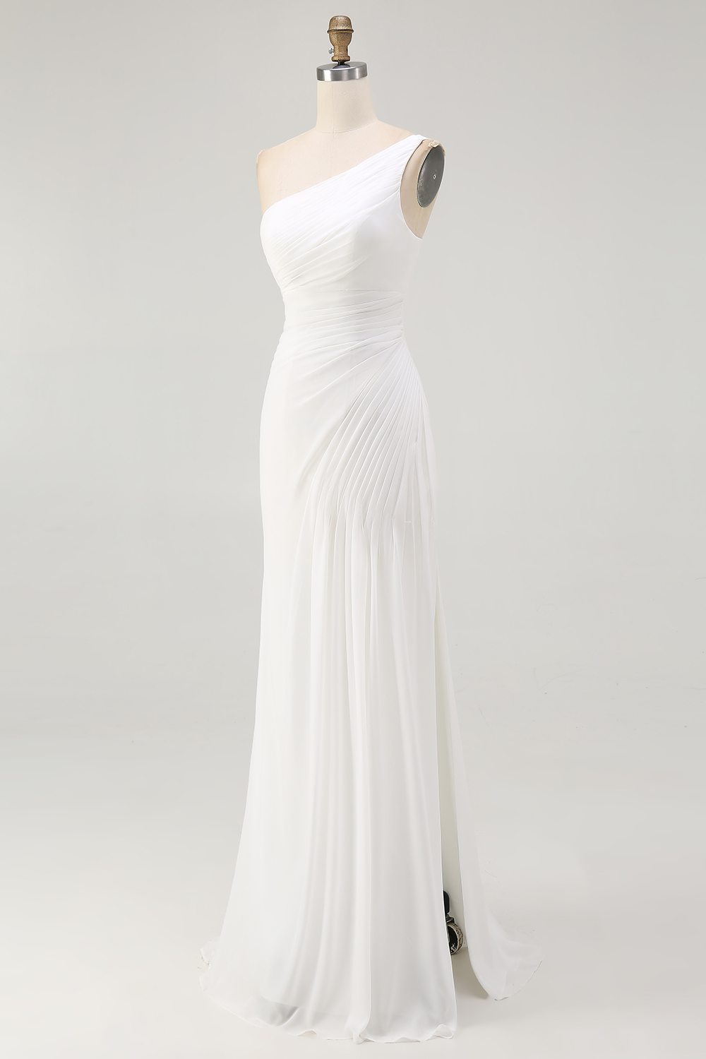 Ivory Ruched One Shoulder Maxi Chiffon Rehearsal Dinner Dress with Slit