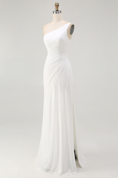 Ivory Ruched One Shoulder Maxi Chiffon Rehearsal Dinner Dress with Slit