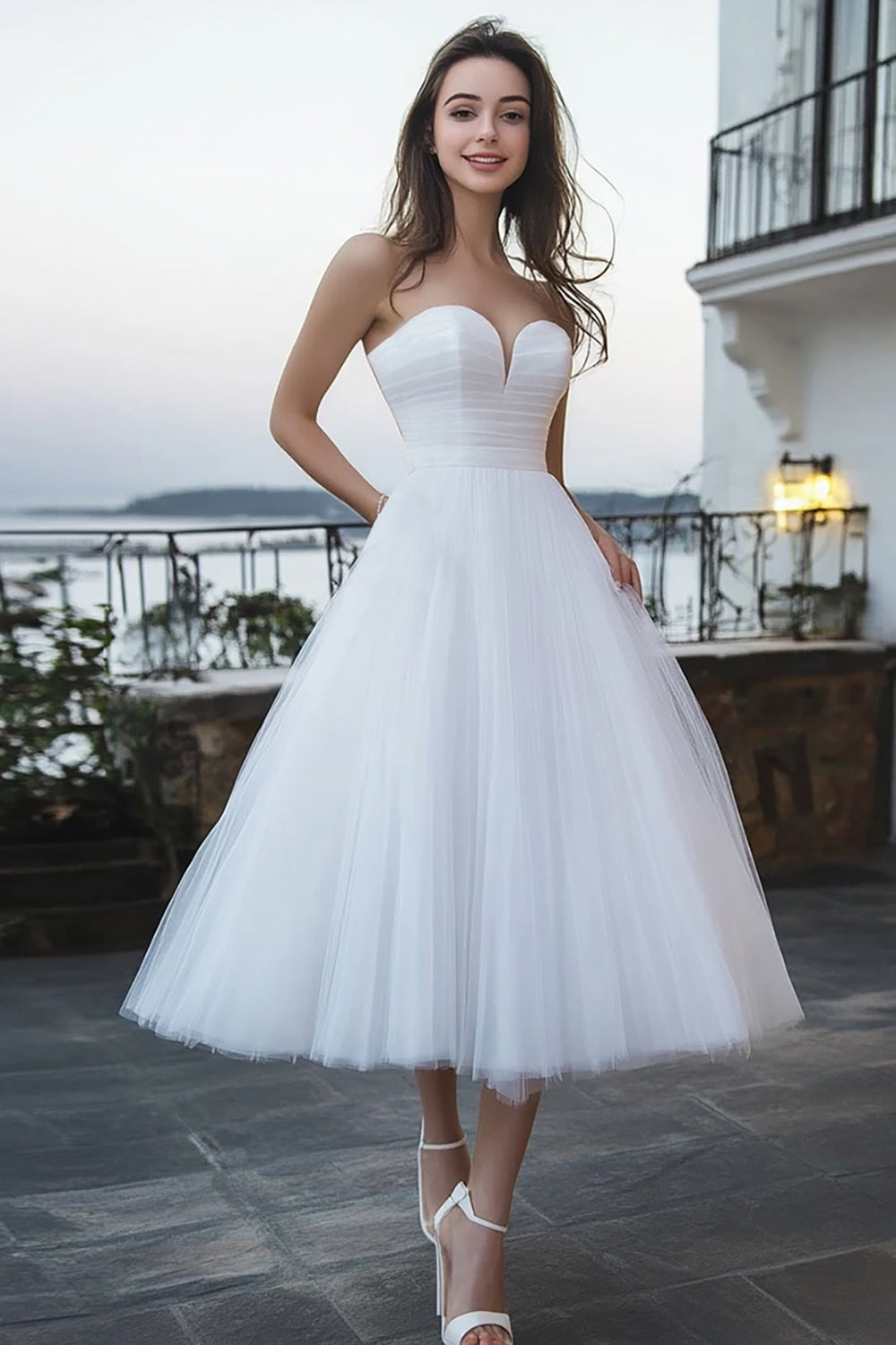 Leely Women Ivory Tulle Sweetheart Wedding Reception Dress Ruched A Line Maxi Engagement Dress