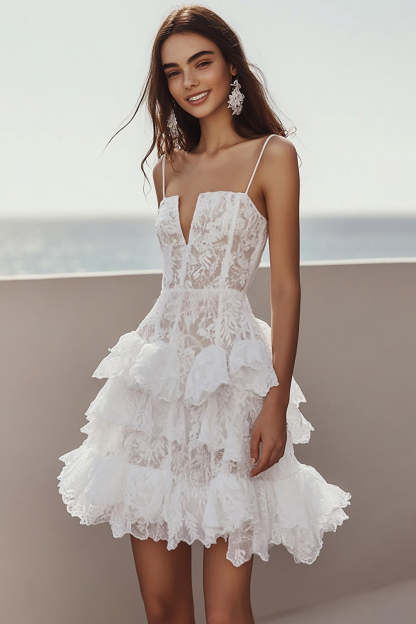 Leely Women Ivory Corset Mini Hen Do Dress with Ruffles A Line Tiered Lace Spaghetti Straps Bridal Shower Dress