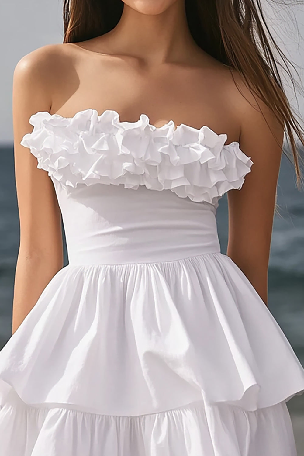 Strapless Ivory Tiered Short Bachelorette Dress with Ruffles