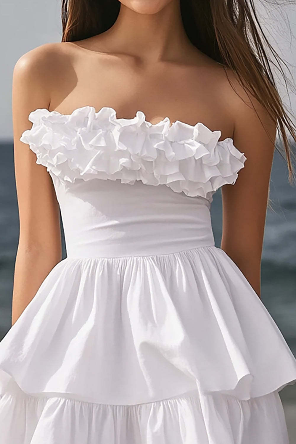 Strapless Ivory Tiered Short Bachelorette Dress with Ruffles