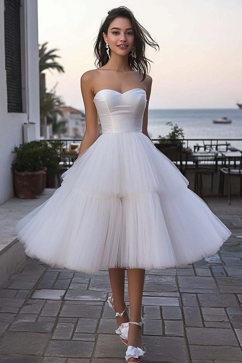 Leely Women Ivory Tulle Midi Bachelorette Dress Sweetheart Tiered A Line Wedding Reception Dress