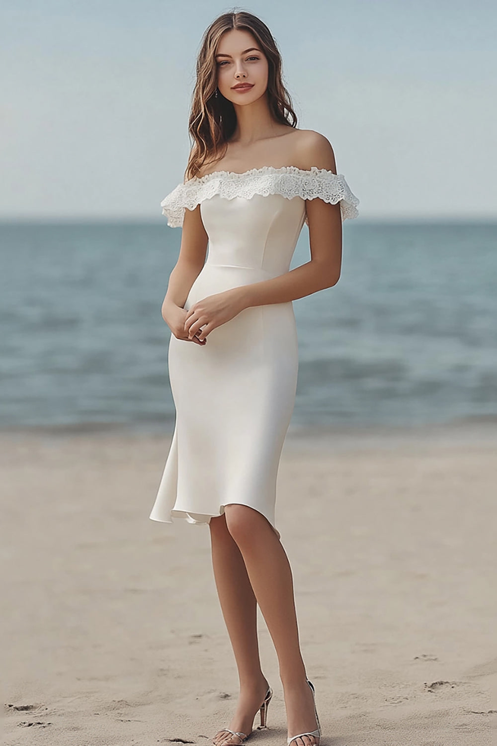 Ivory Satin Short Bodycon Bridal Shower Dress with Lace