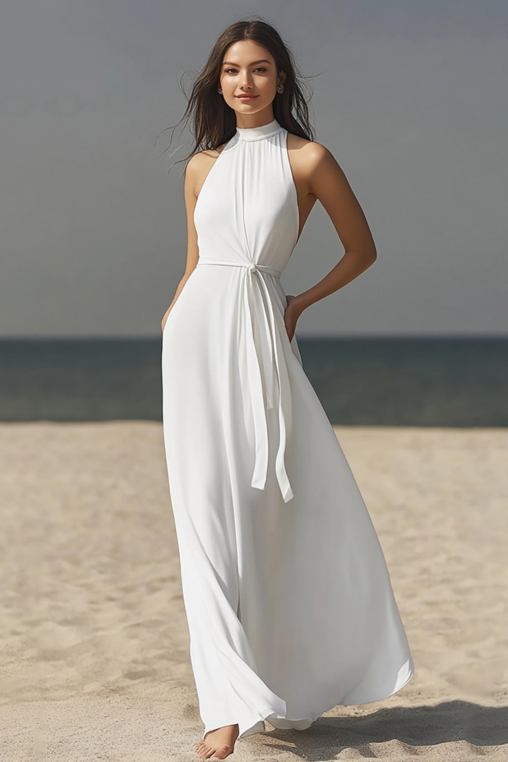 Leely Women Ivory Chiffon Maxi Rehearsal Dinner Dress with Sash A Line High-Neck Engagement Dress
