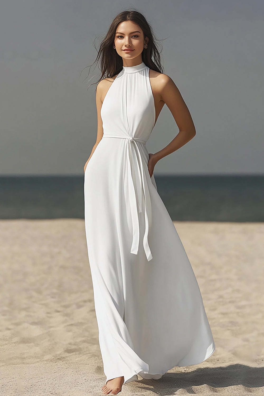 Leely Women Ivory Chiffon Maxi Rehearsal Dinner Dress with Sash A Line High-Neck Engagement Dress