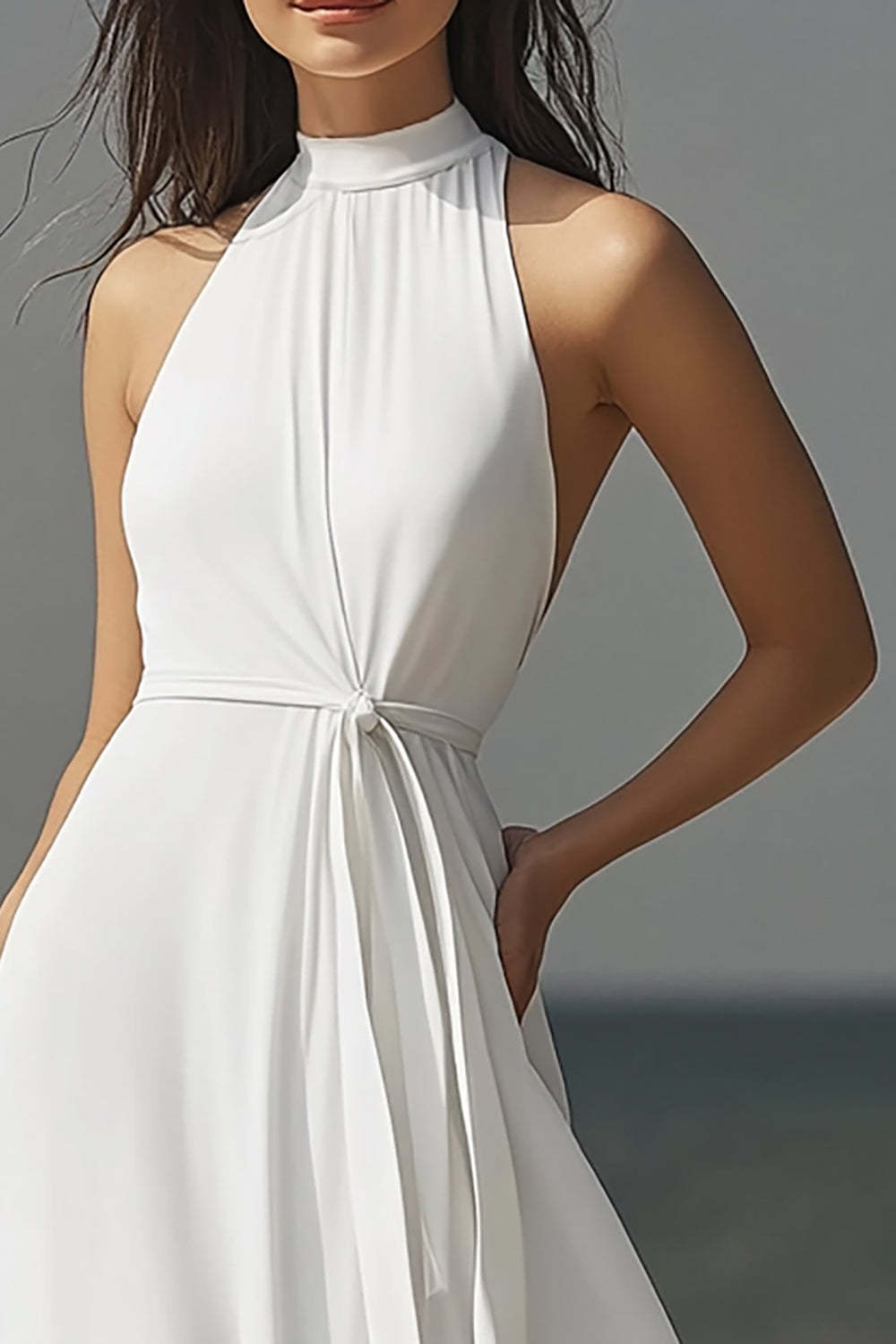 Chiffon High-Neck Ivory Maxi Rehearsal Dinner Dress with Sash