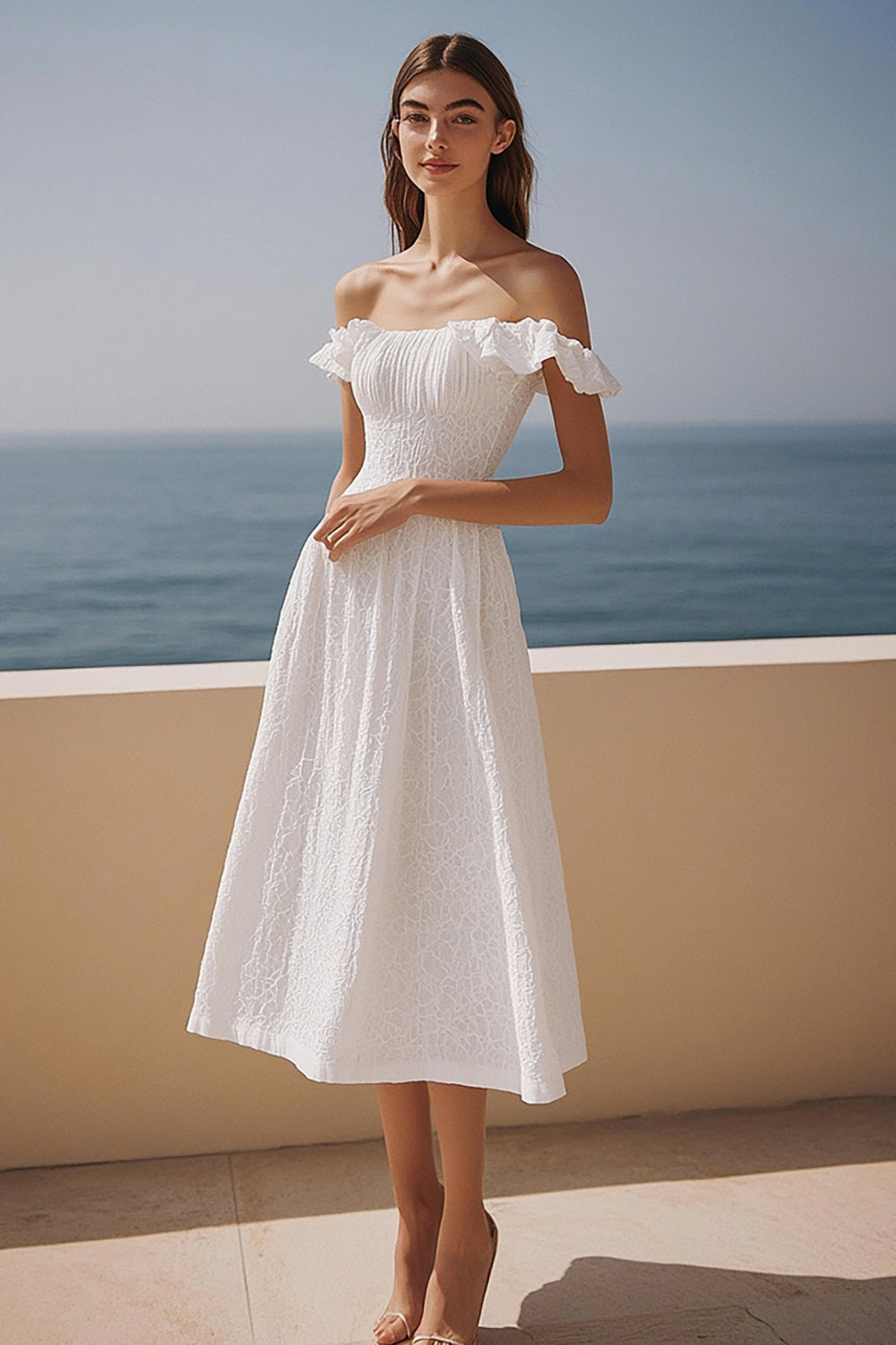 Lace Ivory Off the Shoulder Maxi Wedding Reception Dress with Ruffles