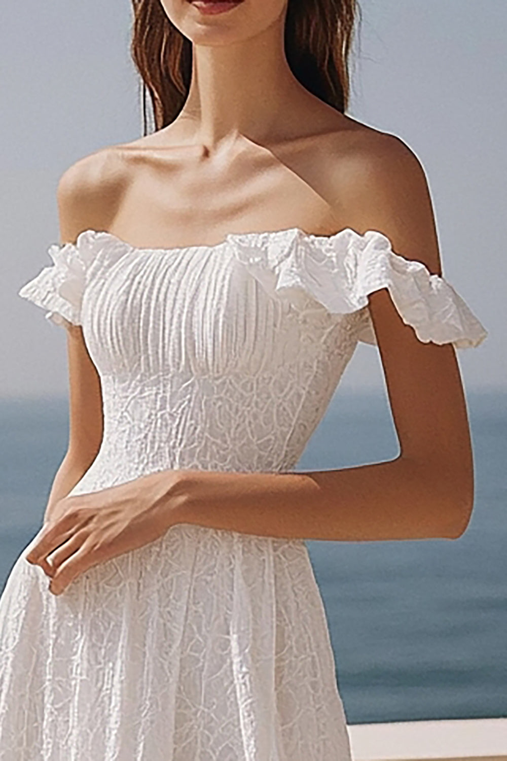 Lace Ivory Off the Shoulder Maxi Wedding Reception Dress with Ruffles