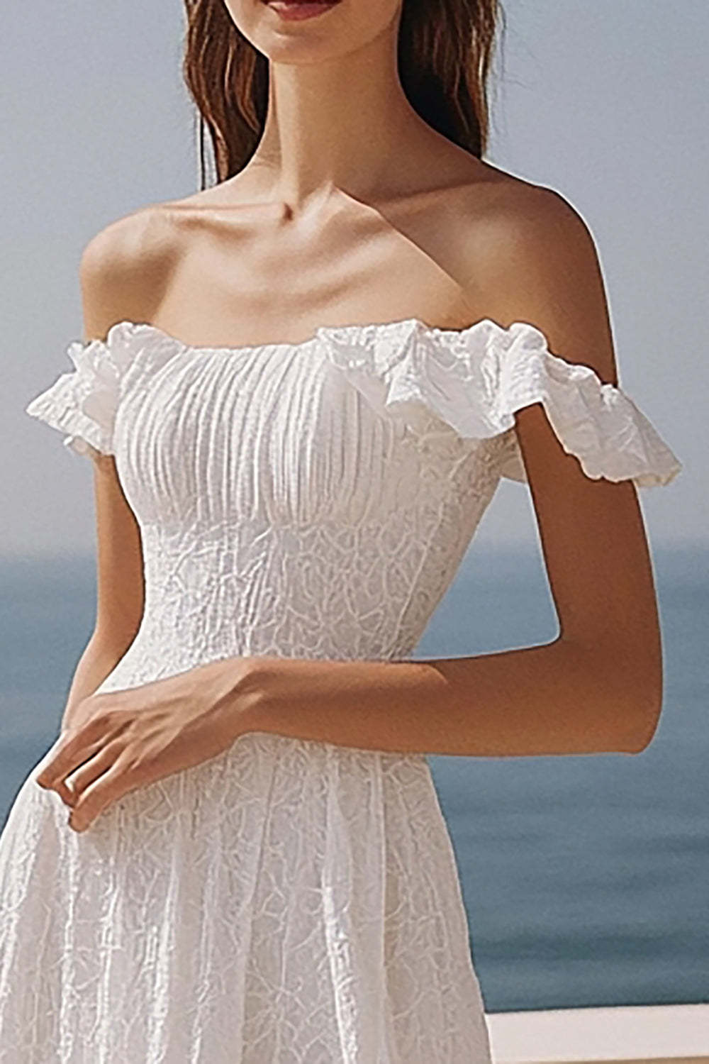 Lace Ivory Off the Shoulder Maxi Wedding Reception Dress with Ruffles