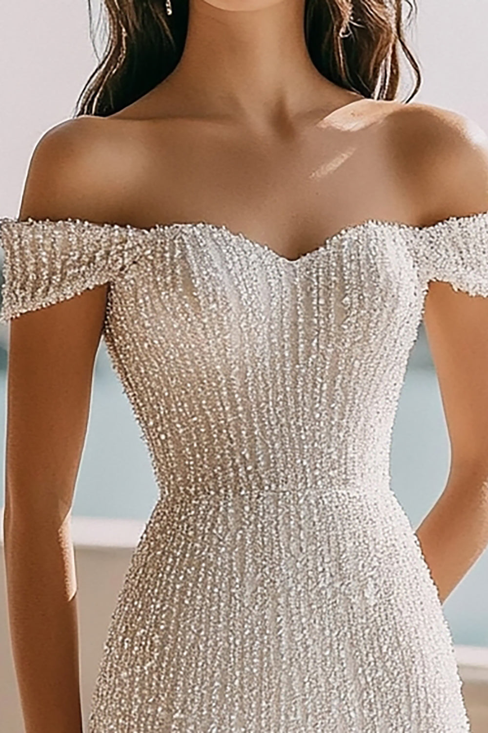 Sparkly Ivory Sequin Bodycon Off the Shoulder Short Bridal Shower Dress