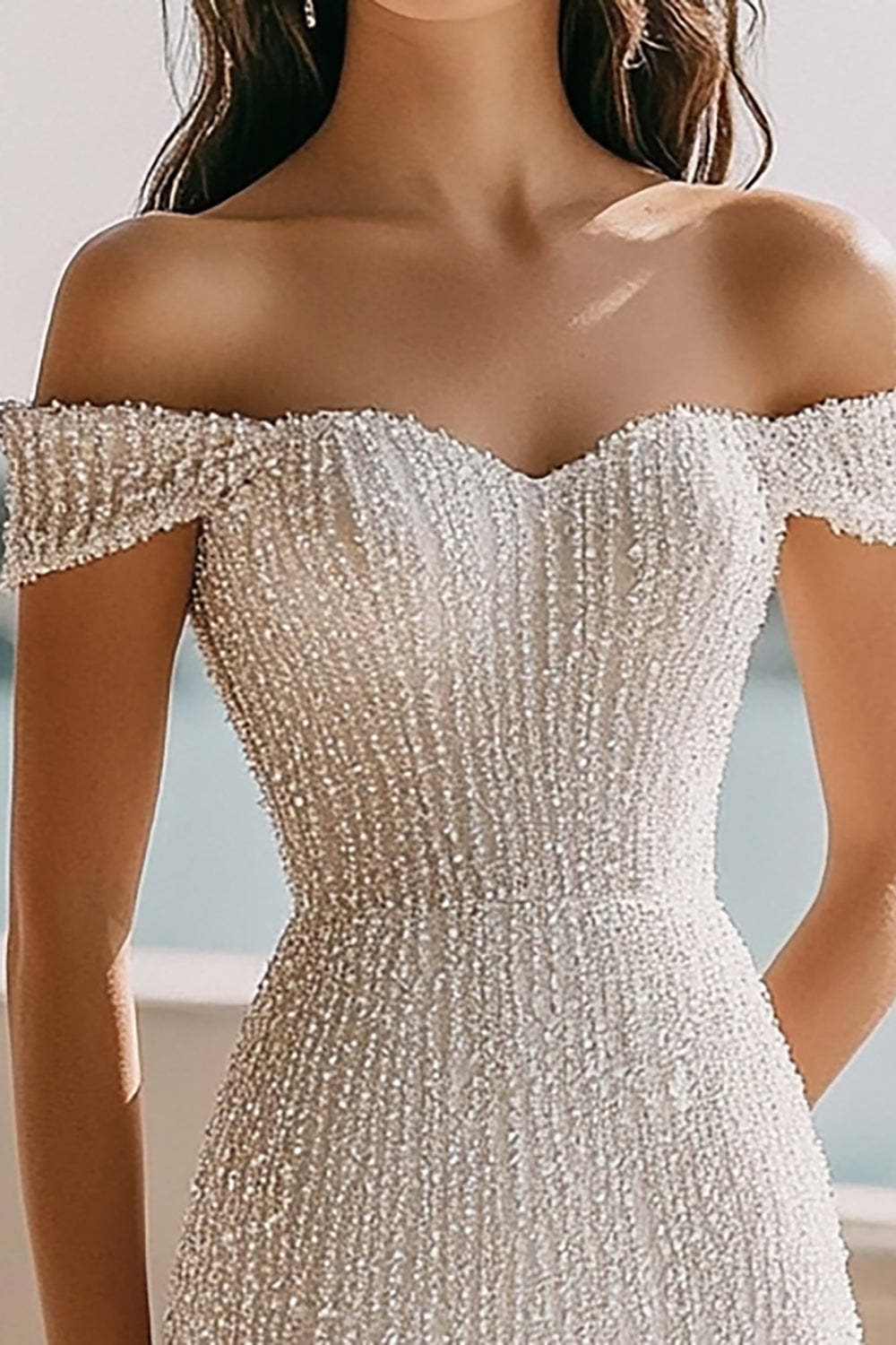 Sparkly Ivory Sequin Bodycon Off the Shoulder Short Bridal Shower Dress