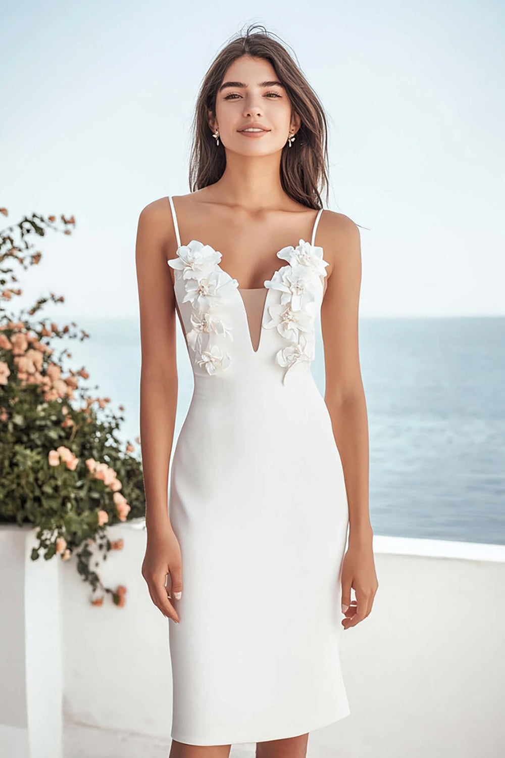 Satin Floral Bodycon Ivory Midi Bridal Shower Dress