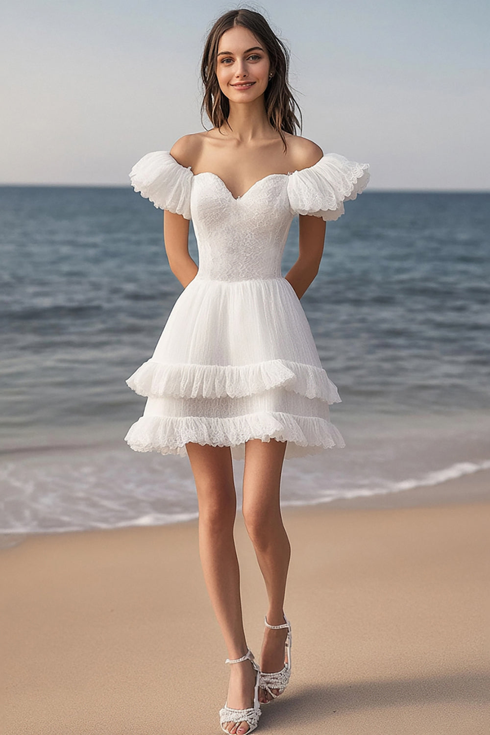 Lace Tiered Ivory Mini Bachelorette Dress with Ruffles