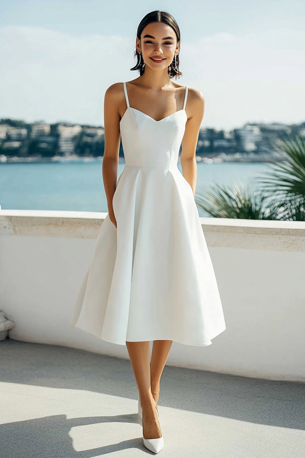 Satin Simple A Line Spaghetti Straps Ivory Midi Bridal Shower Dress