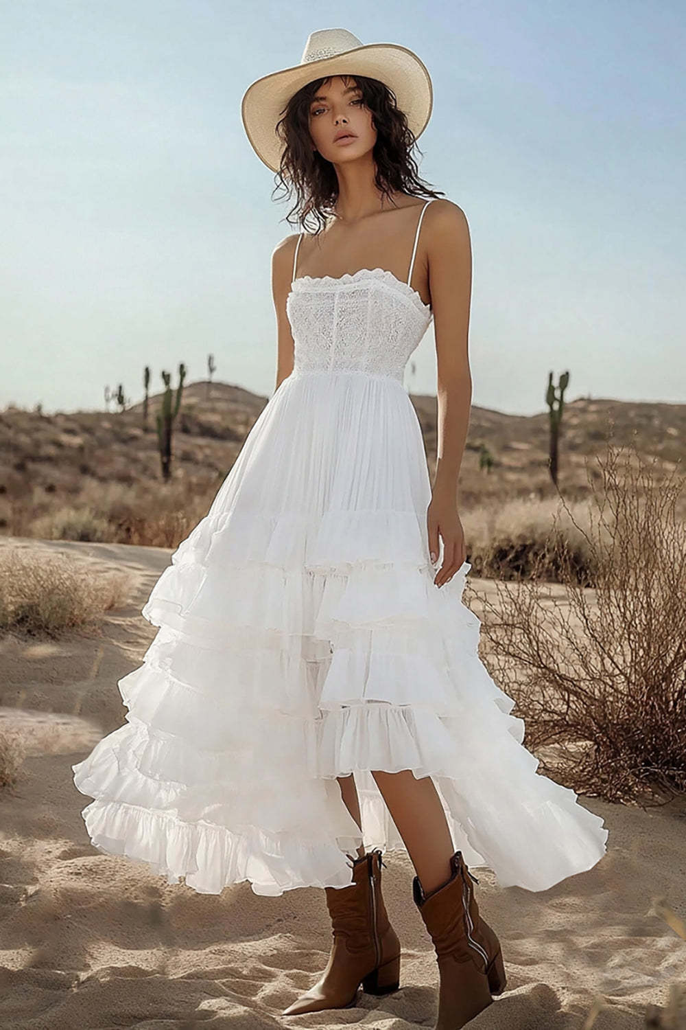 Leely Women Ivory Maxi Boho Western Wedding Dress with Lace A Line Corset Spaghetti Straps Tiered Cowgirl Wedding Dress with Ruffles