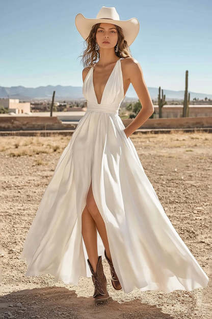 Leely Women Ivory Satin Maxi Boho Western Wedding Dress with Slit Deep V-Neck A Line Cowgirl Wedding Dress with Pockets