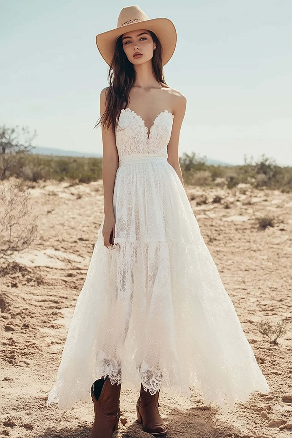 Leely Women Ivory Lace Maxi Boho Western Wedding Dress A Line Sweetheart Cowgirl Wedding Dress