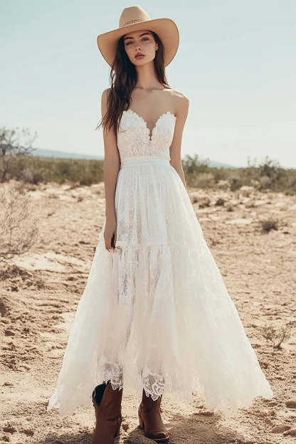 Leely Women Ivory Lace Maxi Boho Western Wedding Dress A Line Sweetheart Cowgirl Wedding Dress